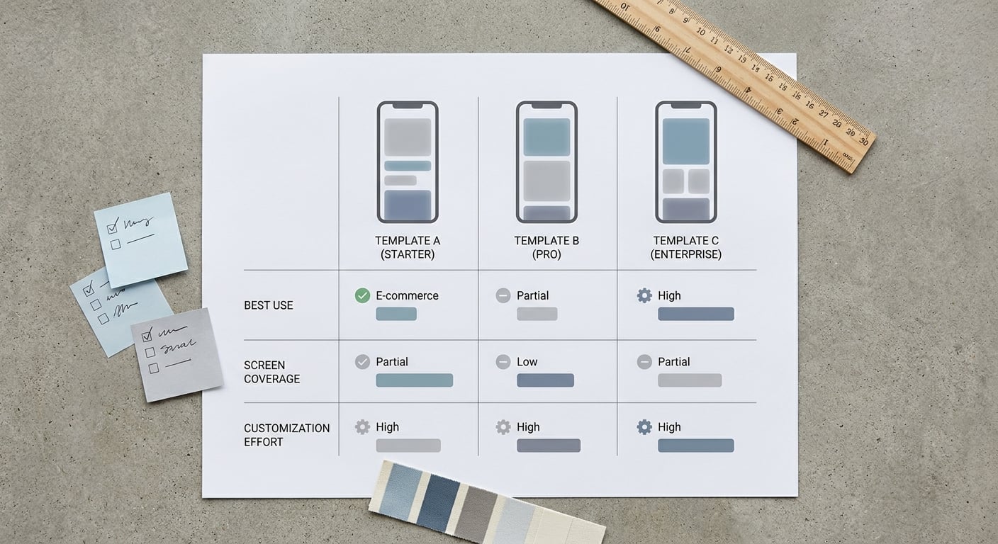 Comparison table of free Figma mobile app templates with best use case, screen coverage, and customization effort.