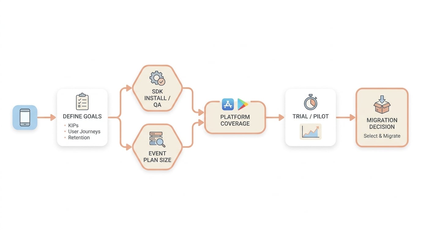 Decision flow for choosing a mobile app analytics tool in 2026.