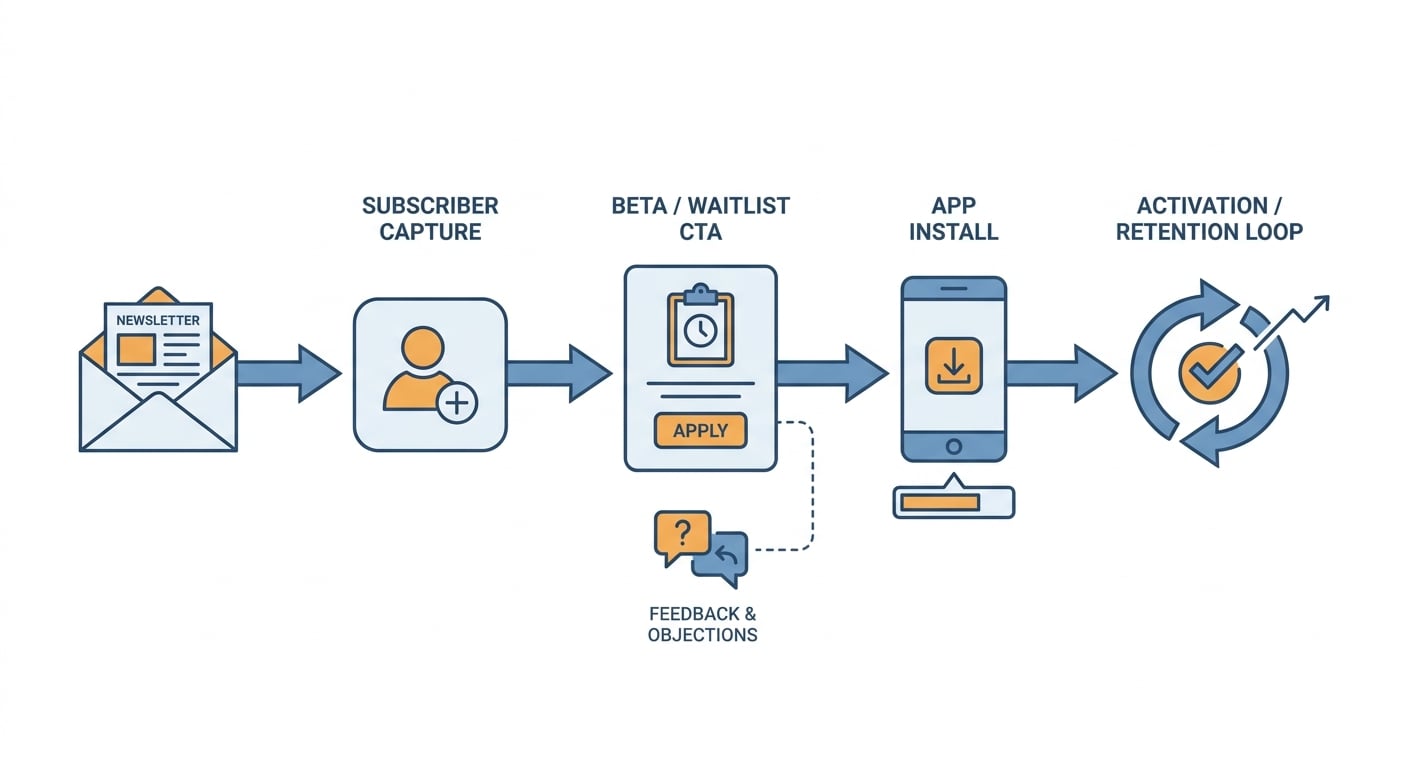 Funnel diagram connecting a Substack post to subscriber capture, app install, and activation.
