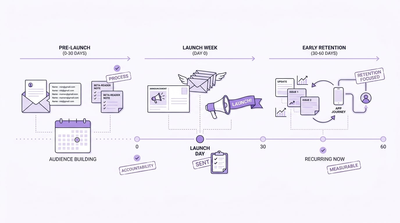 Timeline of Substack use for an app across beta, launch, and early retention phases.