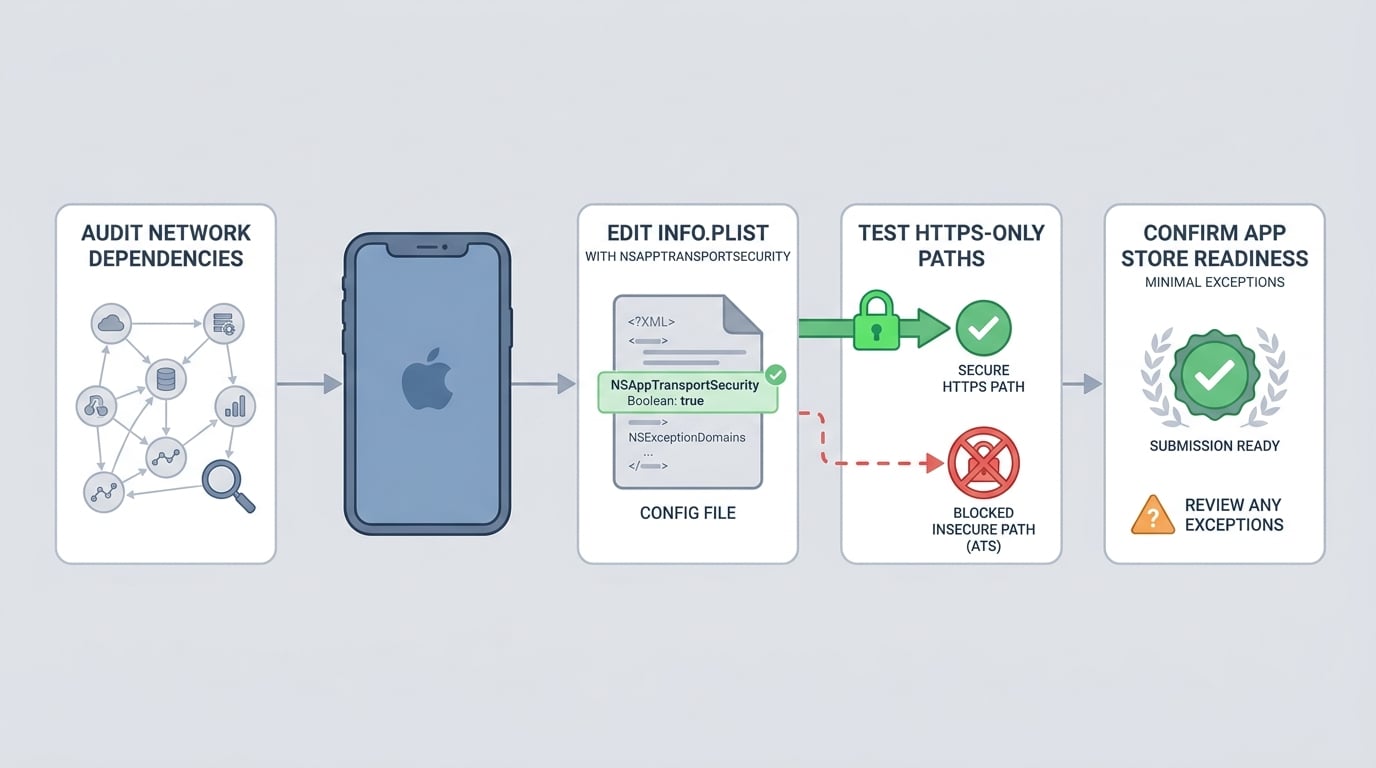 Process diagram for auditing network dependencies, updating Info.plist, testing the build, and preparing for App Store submission.