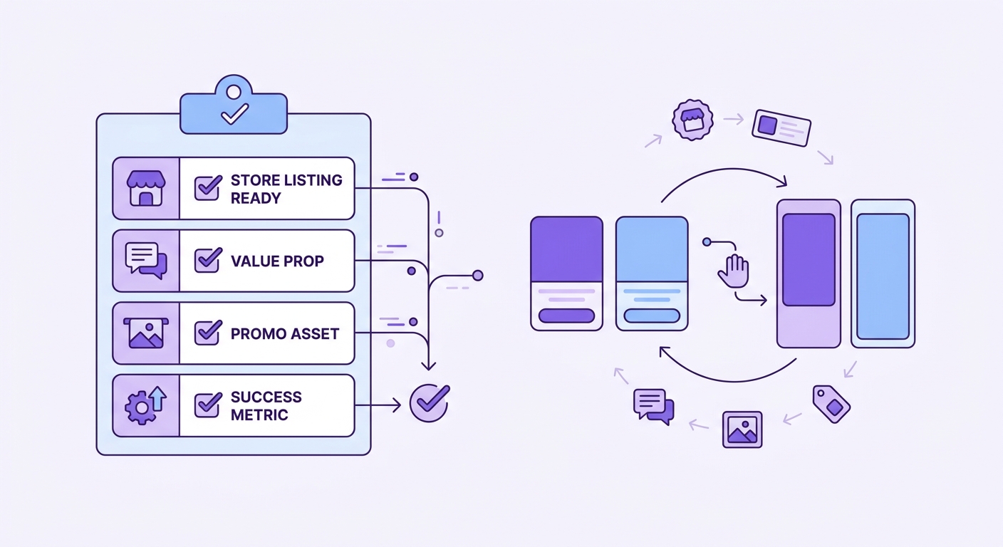 Checklist for preparing an app cross-promotion partnership, including store listing, pitch, creative, and success metric.