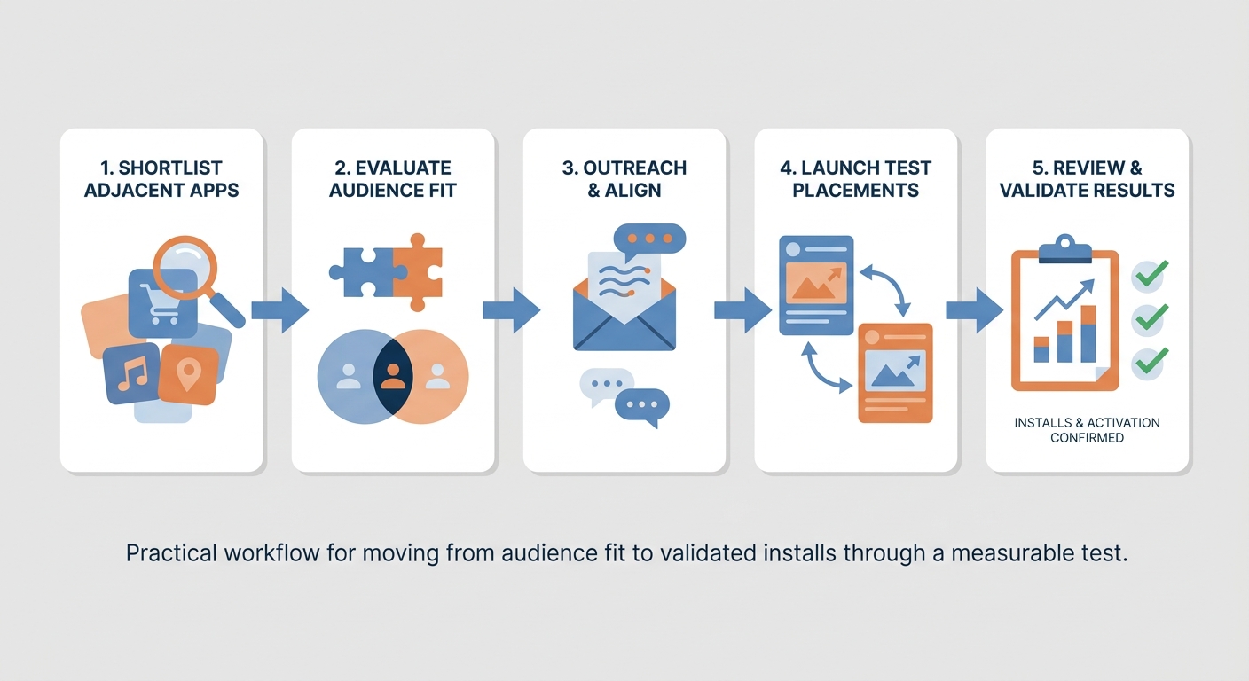 Workflow diagram of finding an app partner, qualifying fit, launching a test, and reviewing install and activation metrics.