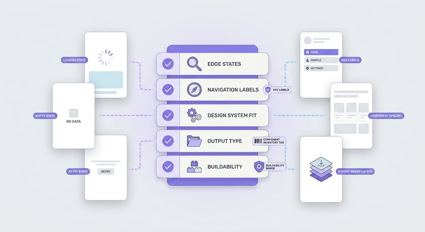 Checklist for reviewing AI-generated app screens before handing them to engineering.