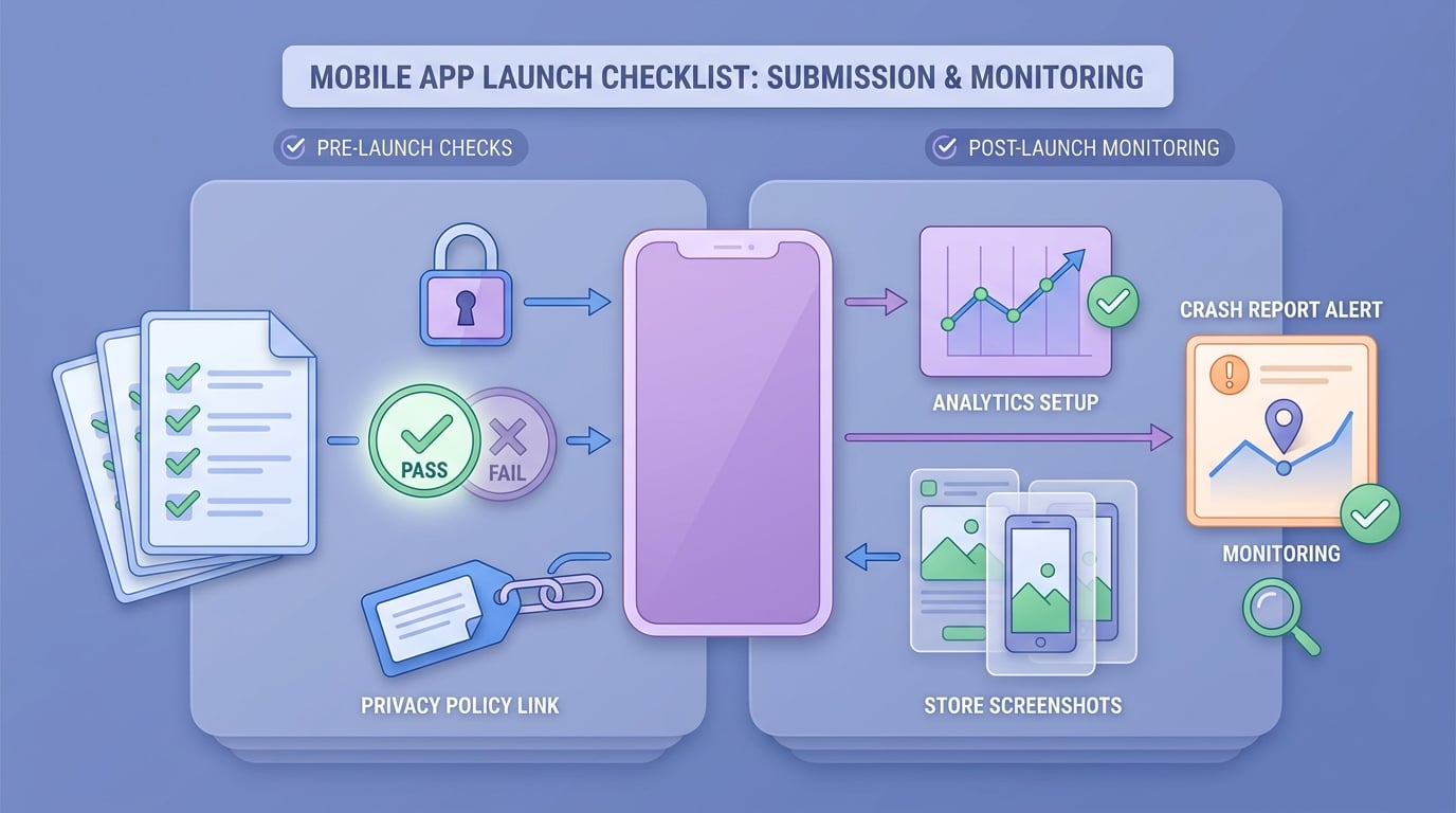 Checklist for pre-launch mobile app submission and post-launch monitoring after converting a web app.