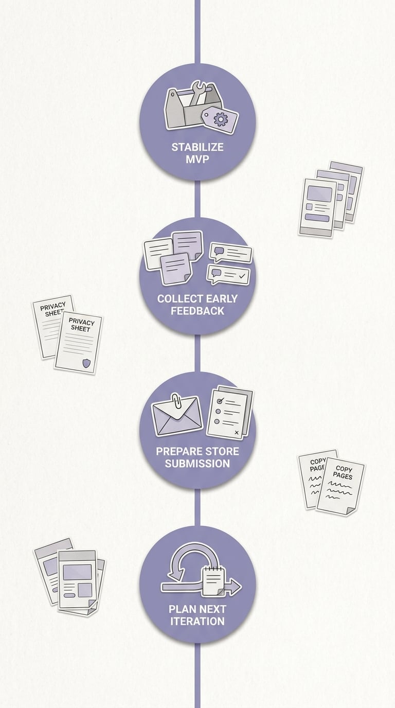 Timeline of the next app milestones from MVP stabilization to store submission and iteration.