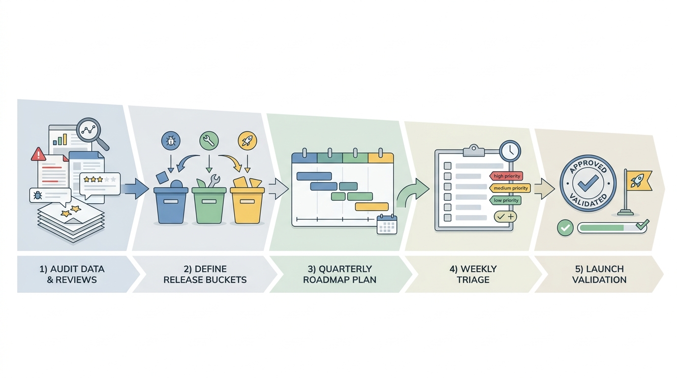 Process diagram showing the workflow for building an app update strategy from audit to roadmap to validation.