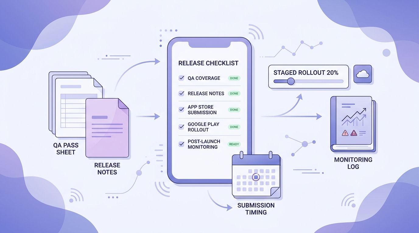 Checklist for app release readiness covering QA, submission timing, rollout settings, and monitoring after launch.