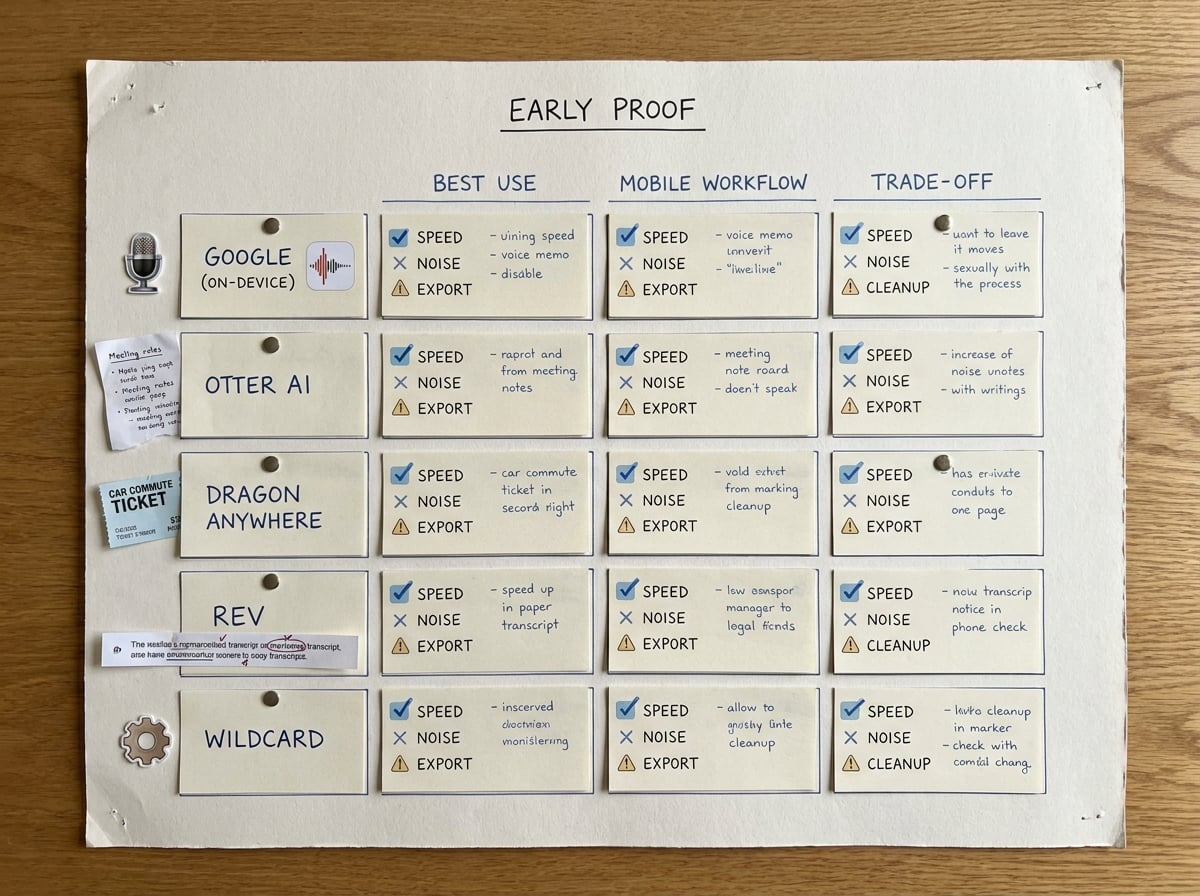 Comparison table of five voice-to-text apps for mobile professionals with columns for best use case, mobile strength, and tradeoff.