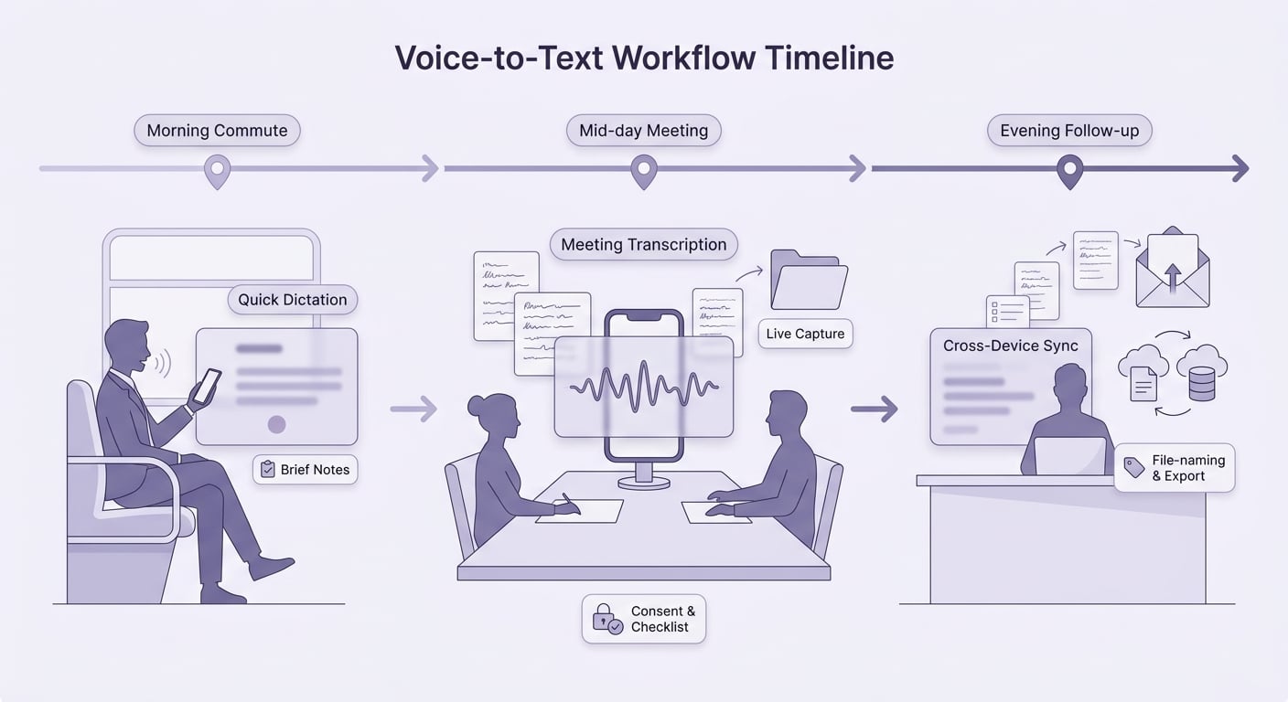 Timeline of a mobile professional's day showing when to use quick dictation, meeting transcription, and cross-device syncing.