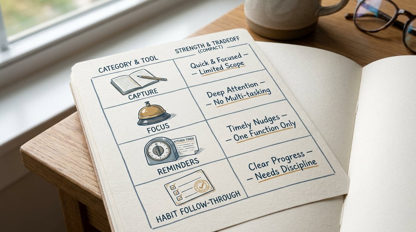 Comparison table of single-purpose app categories for capture, focus, reminders, and follow-through in 2026.