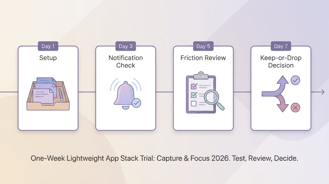 One-week timeline for testing two single-purpose apps together before deciding whether to keep the stack.