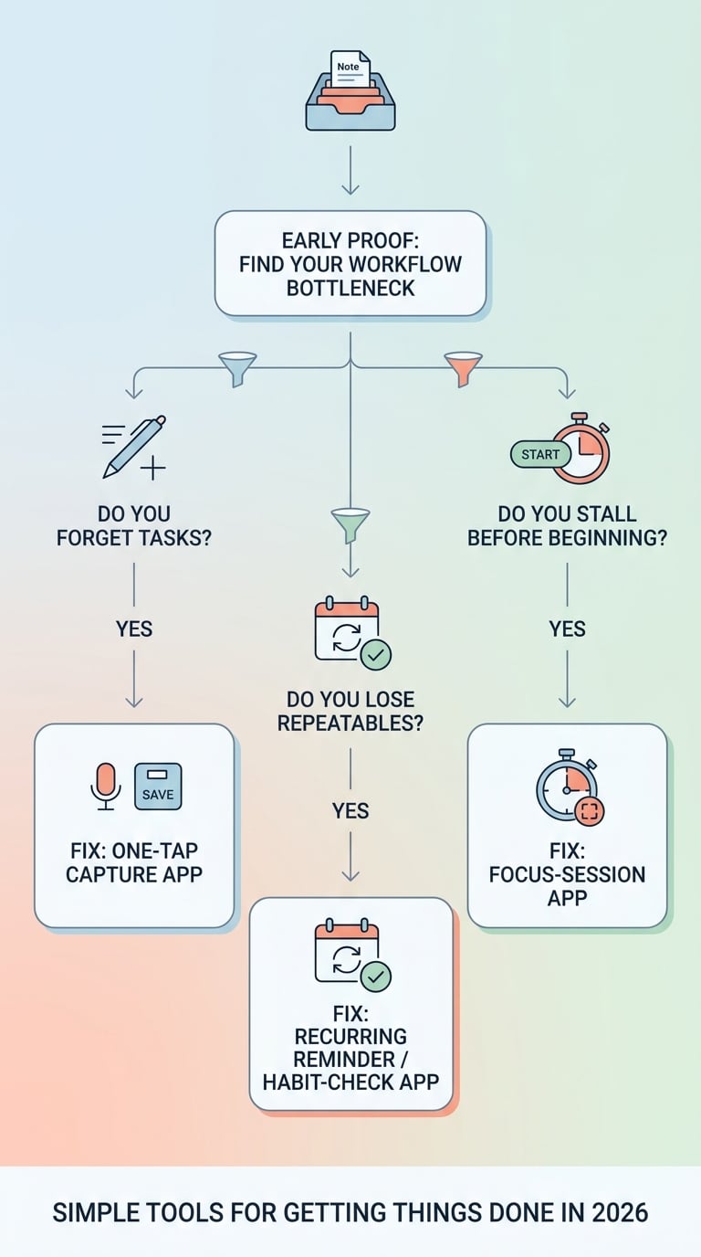 Decision flow for choosing a single-purpose app based on whether the workflow breaks at capture, focus, or follow-through.
