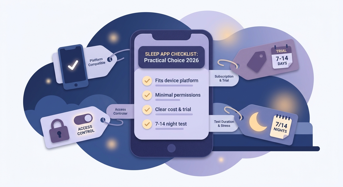 Checklist for choosing a sleep app based on device compatibility, permissions, subscription cost, and a two-week trial period.