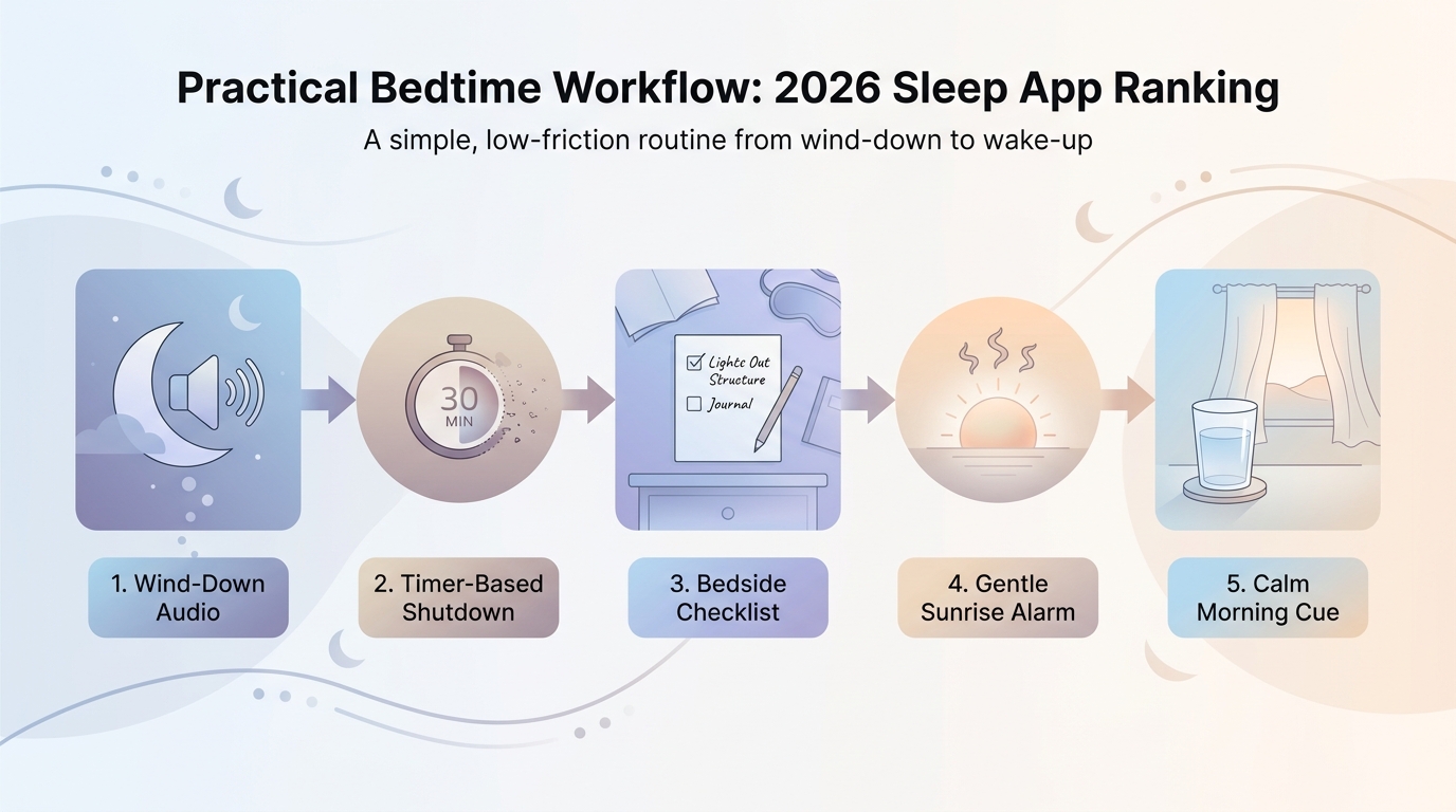 A bedtime workflow diagram showing how an audio-led sleep app helps users wind down, fall asleep, and wake up more calmly.