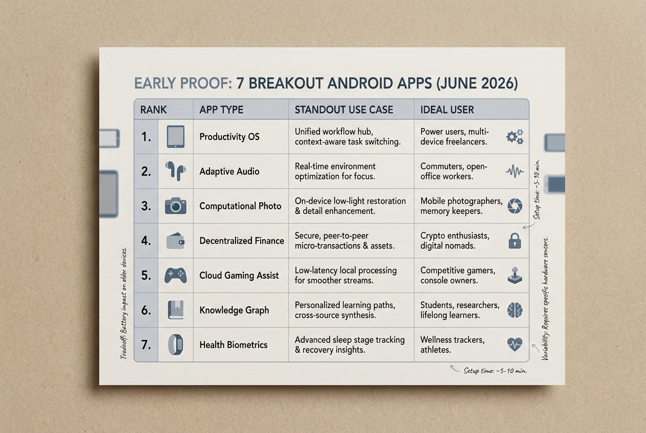 Comparison table of seven breakout Android apps in June 2026 ranked by use case and ideal user.