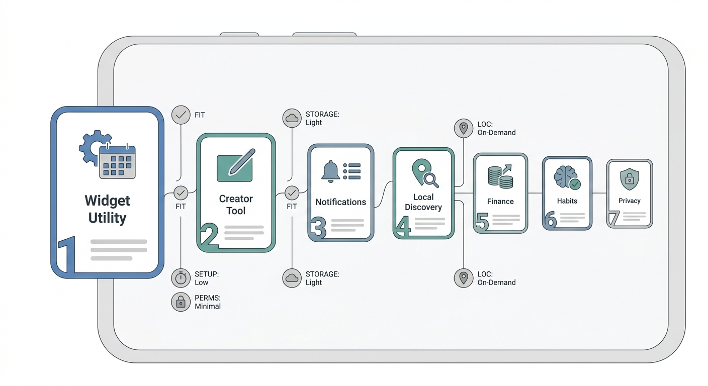 Flow diagram showing how to choose among ranked Android apps by use case and fit.