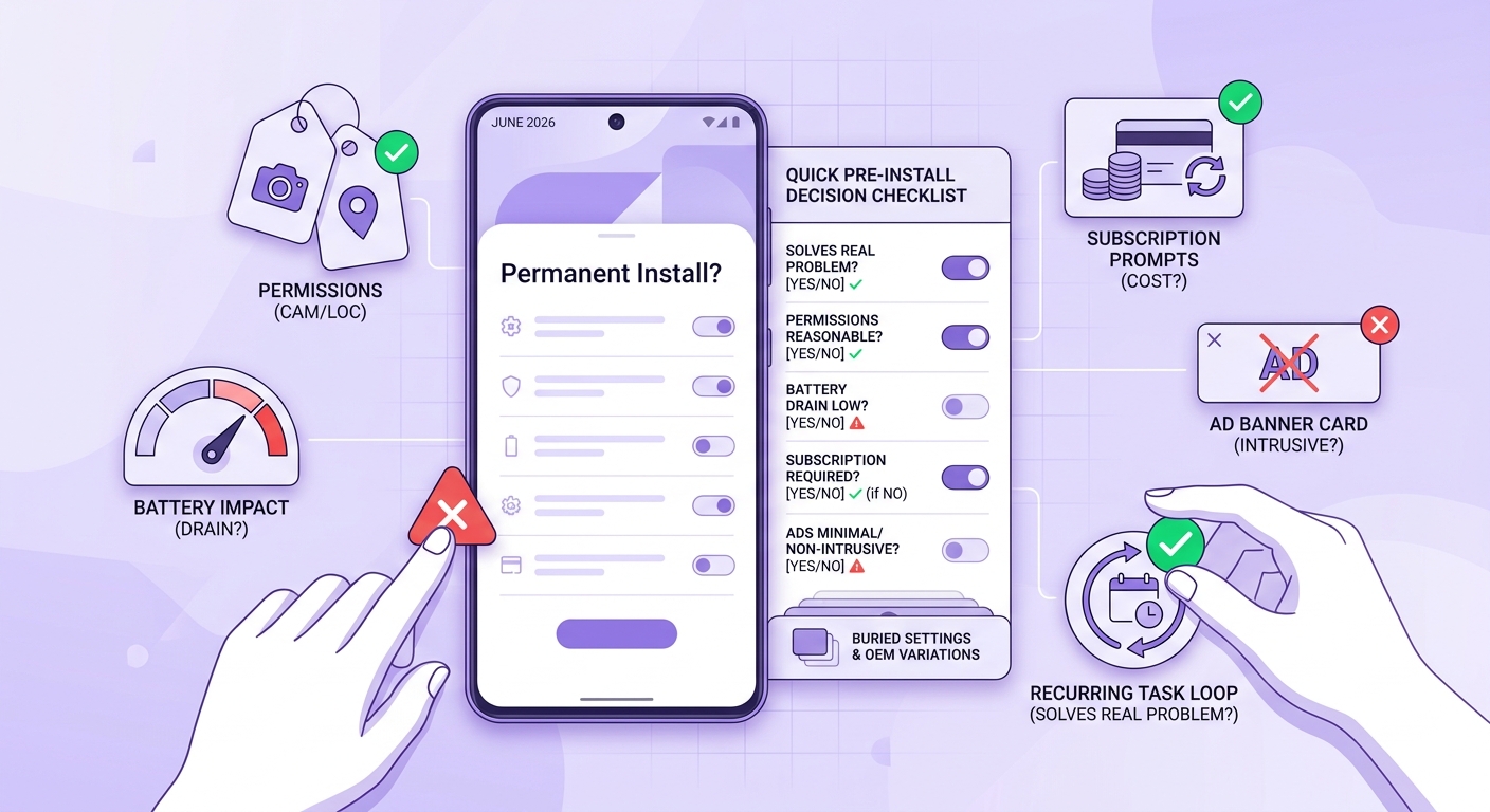 Checklist for evaluating an Android app before keeping it installed, including permissions, battery use, and subscription prompts.