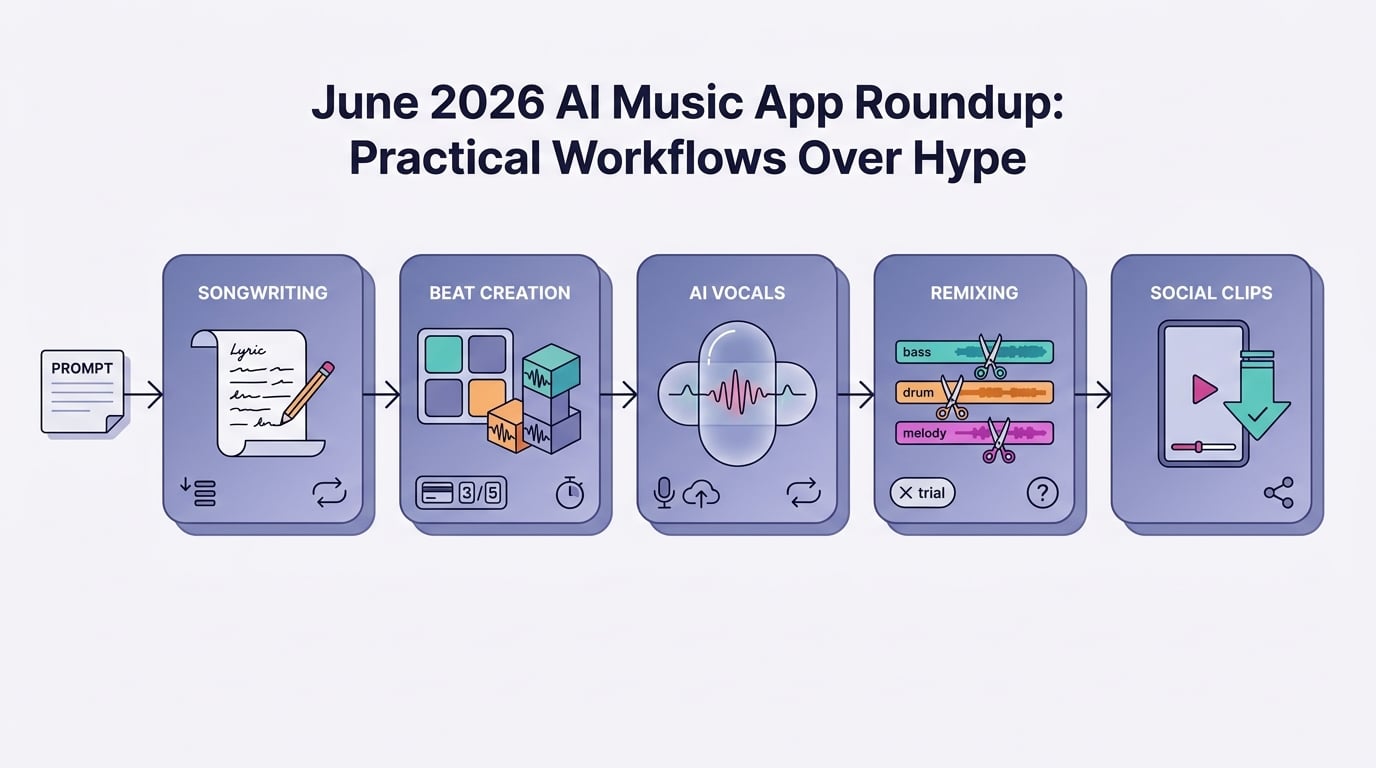 Timeline showing how different AI music apps fit different creator workflows from prompt to export.