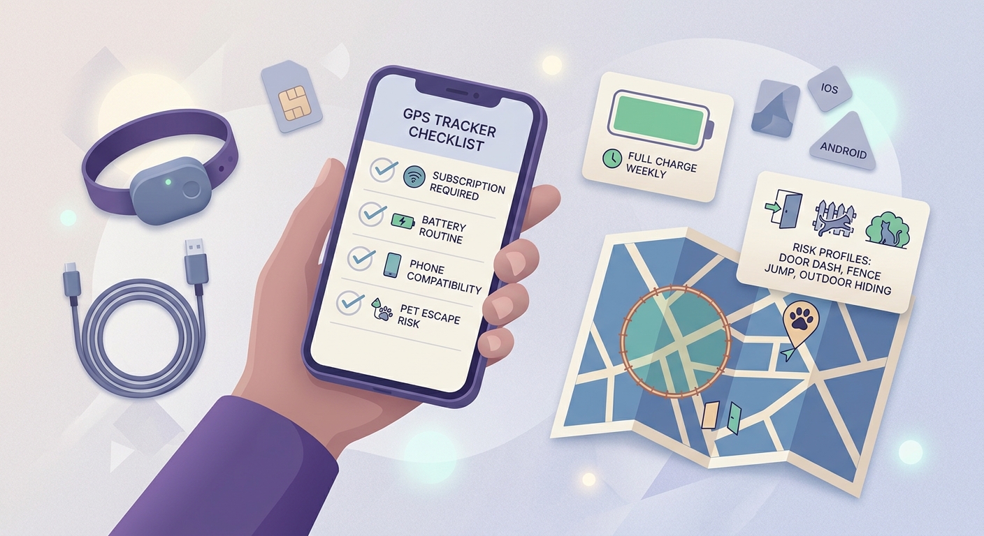 Checklist for choosing a GPS pet tracking app, including subscription, battery routine, phone compatibility, and escape-risk fit.