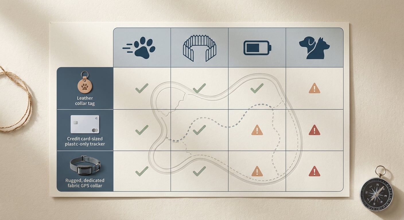 Comparison table of GPS pet tracking app picks by use case, highlighting real-time recovery, geofencing, battery life, and multi-pet fit.