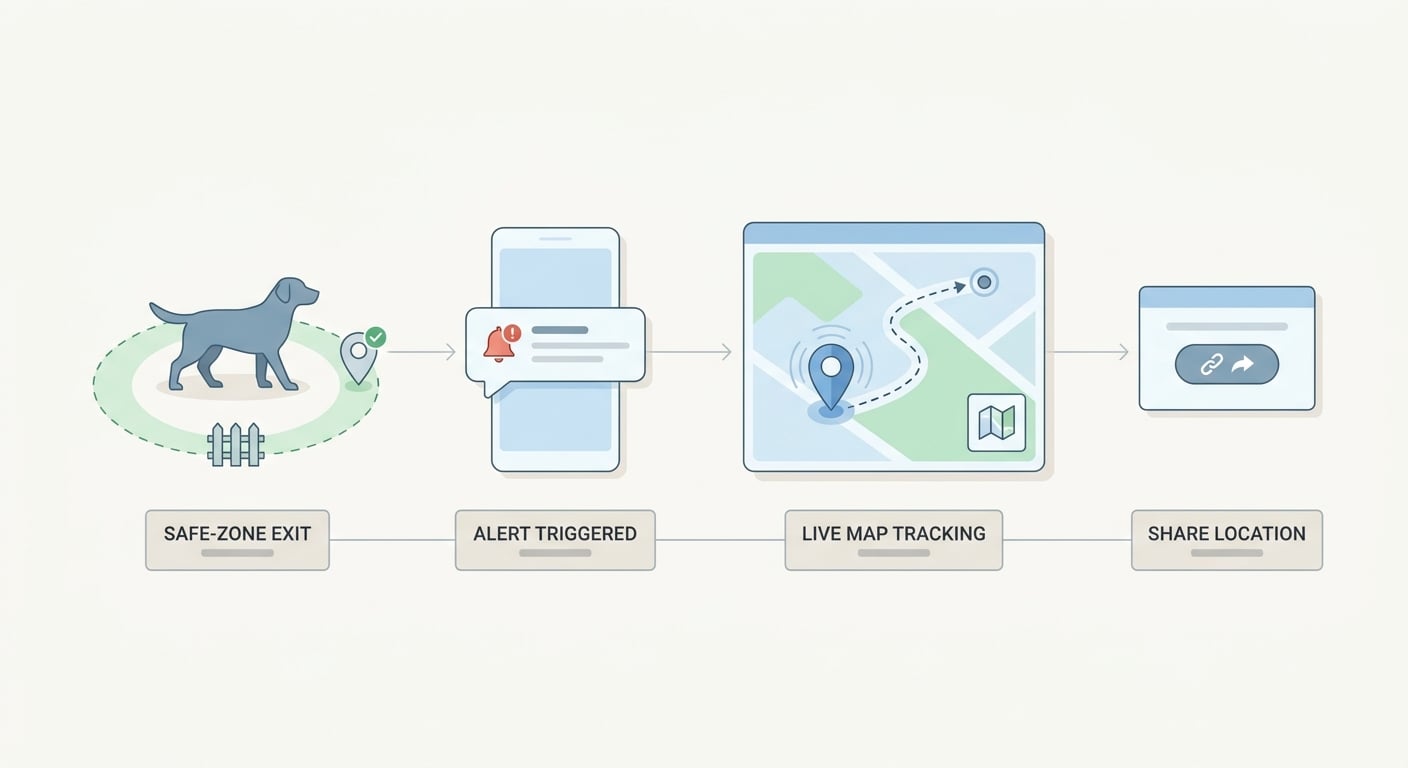 Diagram of geofence alert flow for a GPS pet tracking app, from boundary exit to alert and live map response.