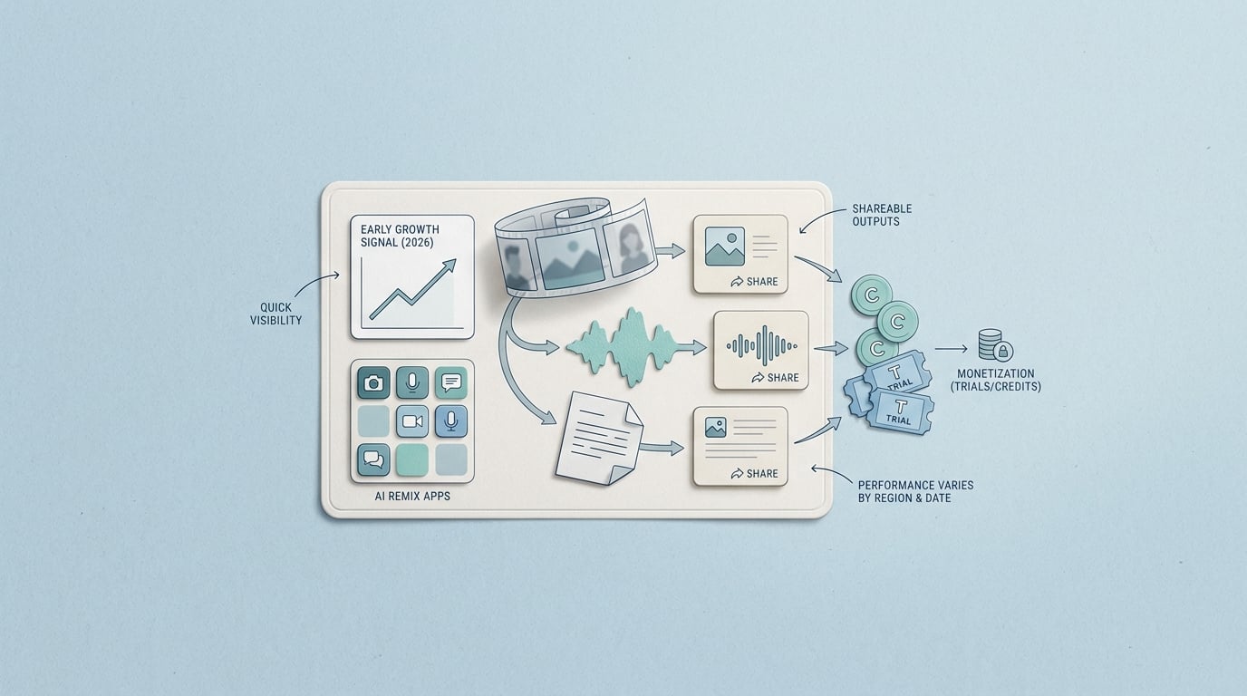 A benchmark callout summarizing AI remix app signals on the App Store, including fast visibility, shareable outputs, and monetization patterns.