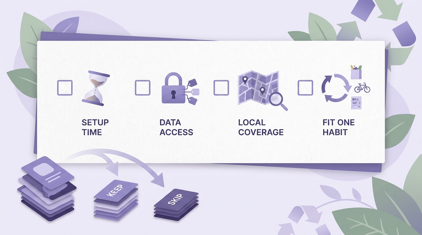 Checklist for choosing an eco-friendly living app based on setup effort, data needs, and fit with daily habits. Checklist for choosing an eco-friendly living app based on setup effort, data needs, and fit with daily habits.