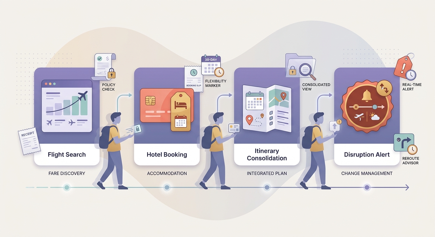 Timeline of app-based travel planning from search to booking to itinerary management to disruption alerts