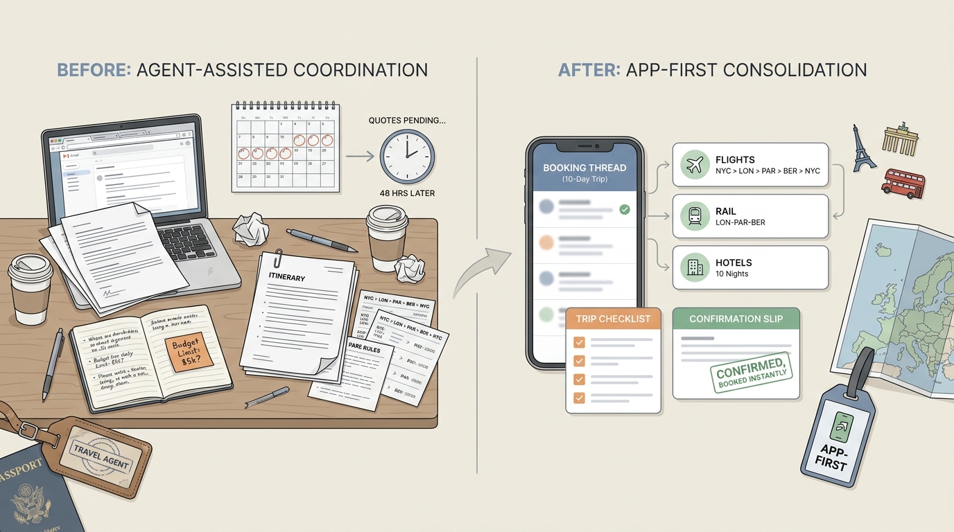 Before and after snapshot of trip planning steps comparing a travel agent workflow with an app-first workflow