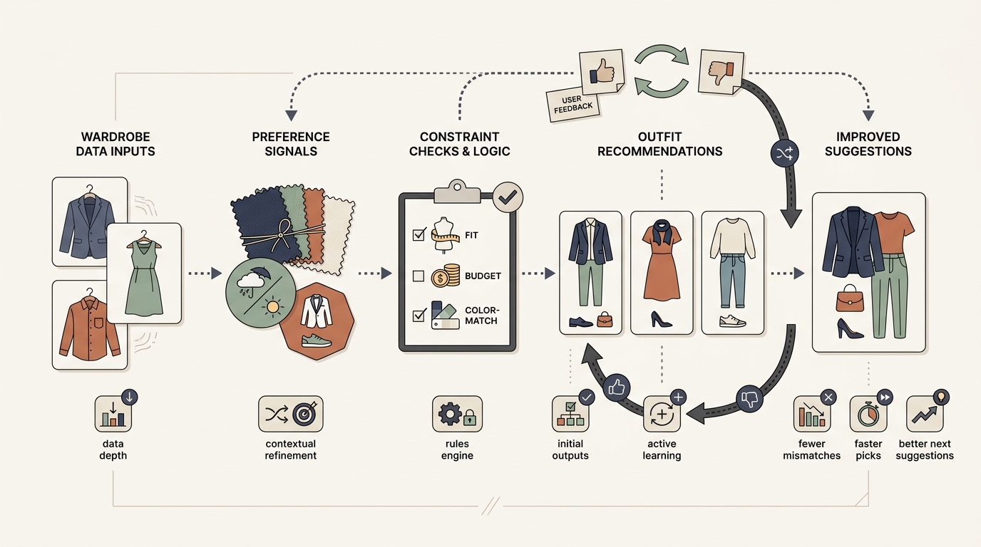 Flow diagram showing wardrobe inputs, preference data, feedback, and improved AI outfit recommendations.
