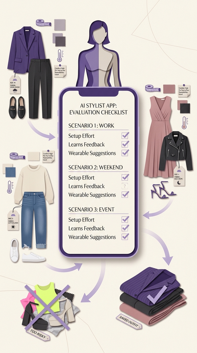 Checklist for evaluating an AI personal stylist app using work, weekend, and event outfit tests.