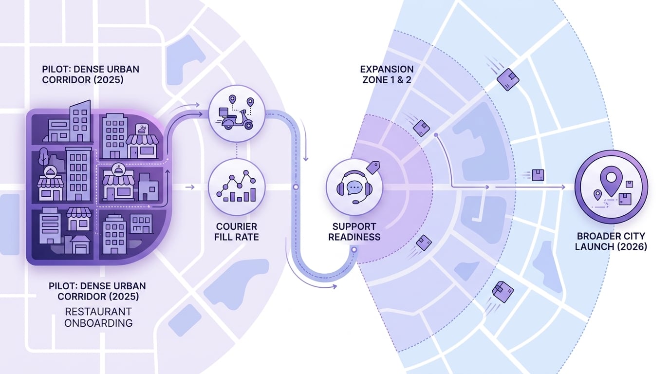 Timeline of a food delivery app launch moving from pilot neighborhood testing to broader city expansion in 2026. Timeline of a food delivery app launch moving from pilot neighborhood testing to broader city expansion in 2026.