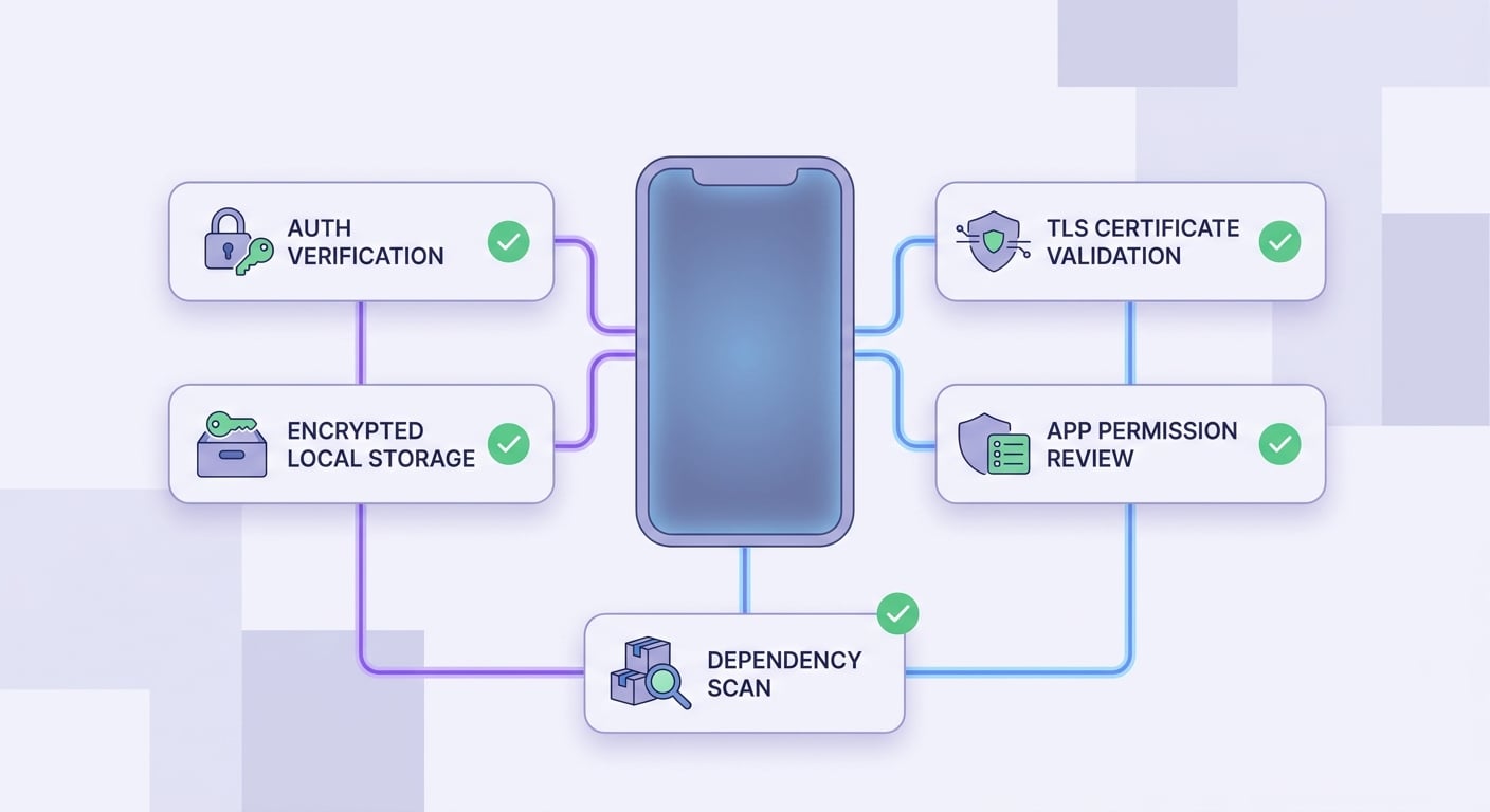 Mobile app security checklist covering authentication, storage, transport security, permissions, and dependency review