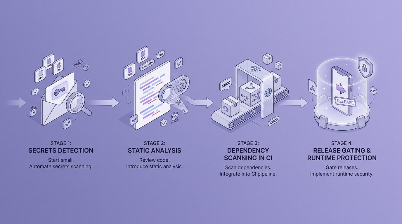Phased timeline for adopting mobile app security tools from quick wins to advanced protection.