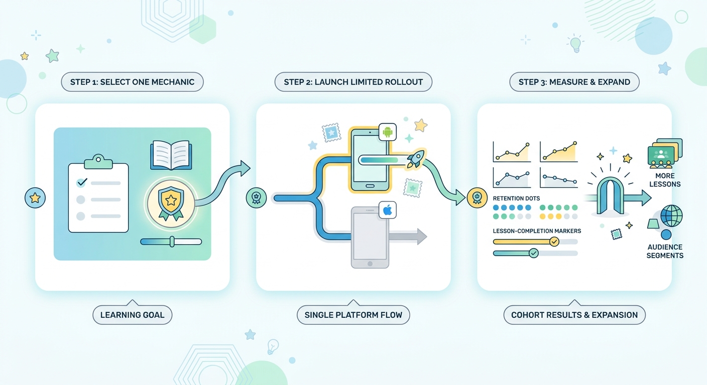 A workflow diagram for testing gamification in an educational app on one platform flow first. A workflow diagram for testing gamification in an educational app on one platform flow first.