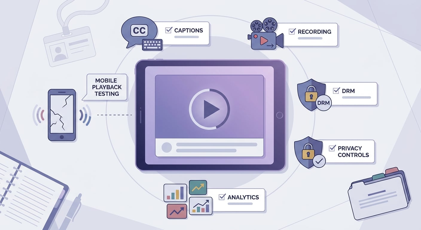 Checklist of EdTech streaming requirements: mobile testing, captions, recording, DRM, privacy, and analytics.
