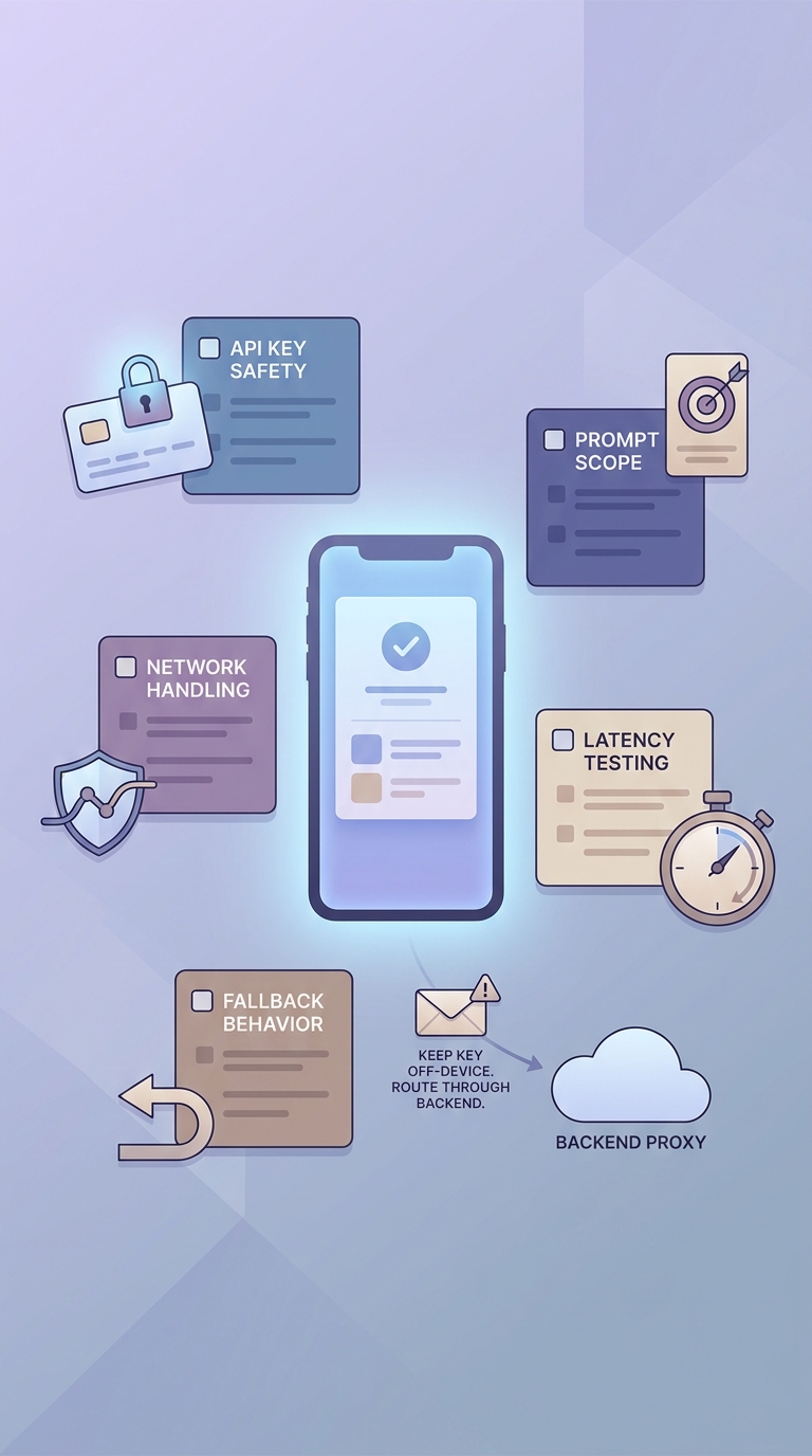 Checklist block for verifying a Gemini API feature in an Android app before release. Checklist block for verifying a Gemini API feature in an Android app before release.