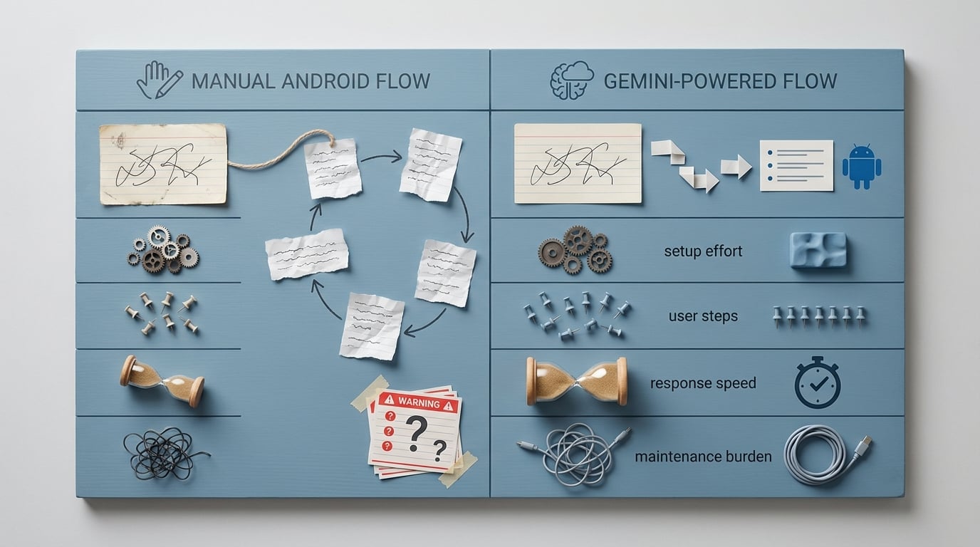 Comparison table of manual Android workflow versus Gemini API workflow for an app feature such as summarization or chat. Comparison table of manual Android workflow versus Gemini API workflow for an app feature such as summarization or chat.