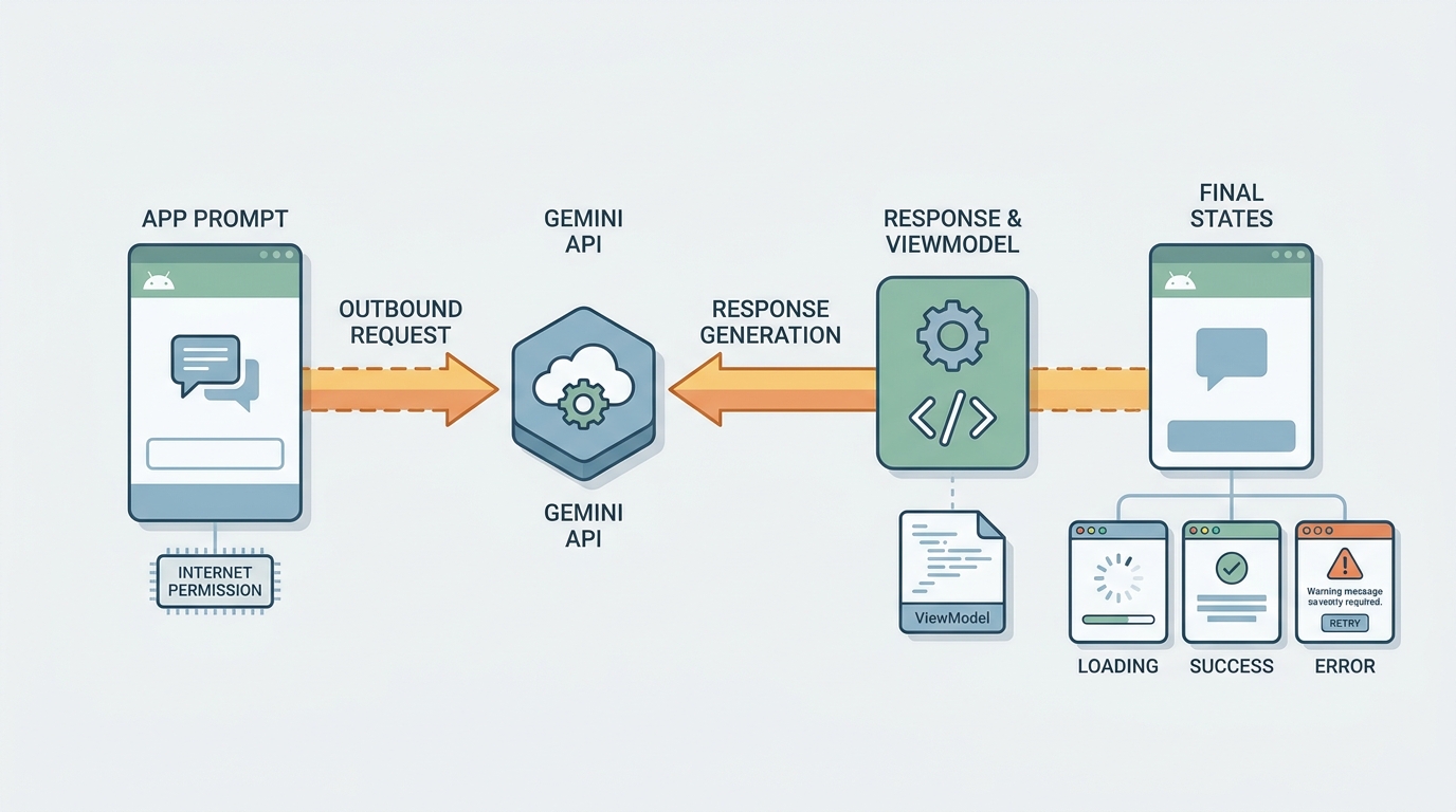 Process diagram of an Android app sending a prompt to Gemini API and displaying the response in the UI. Process diagram of an Android app sending a prompt to Gemini API and displaying the response in the UI.
