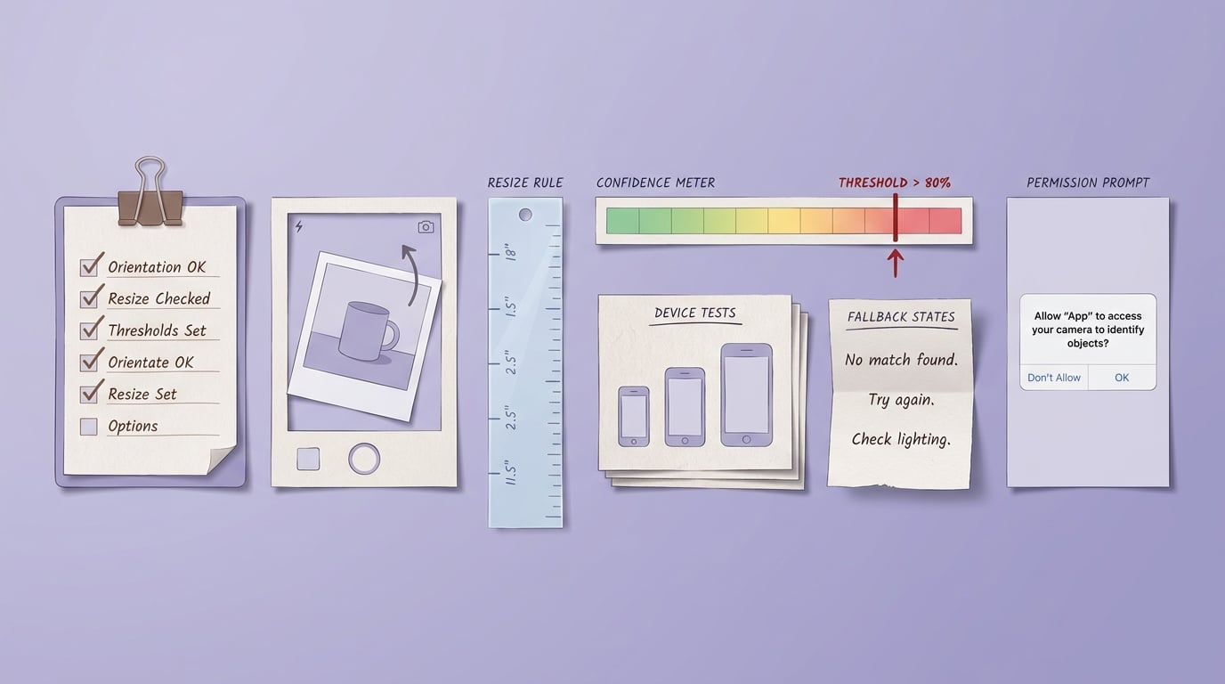 Checklist of pre-launch checks for an iOS image recognition feature, including preprocessing, confidence thresholds, device testing, and fallback states.