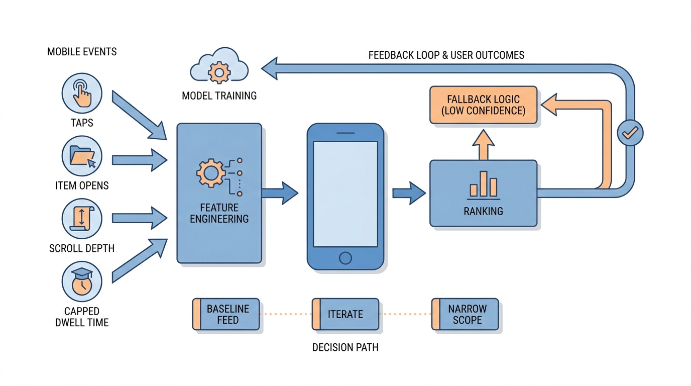 Process diagram showing mobile events flowing into feature engineering, ranking, fallback logic, and continuous learning. Process diagram showing mobile events flowing into feature engineering, ranking, fallback logic, and continuous learning.