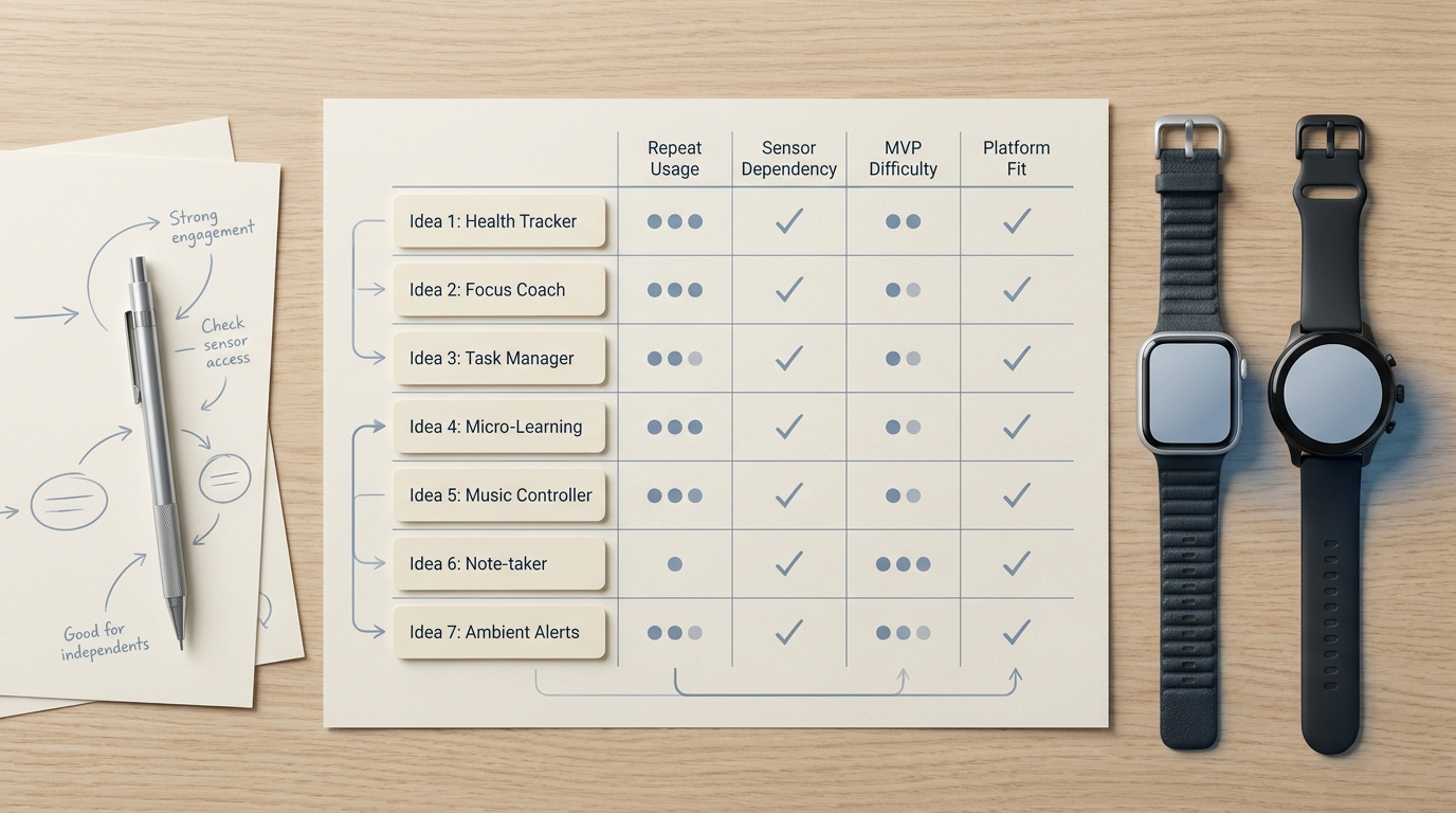 Comparison grid of seven wearable app ideas ranked by repeat usage, sensor dependency, MVP difficulty, and platform fit.