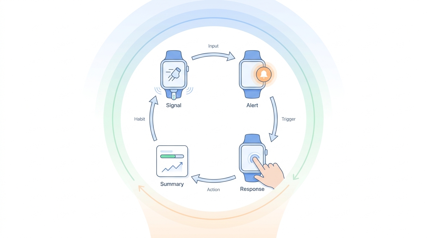 Flow diagram of a wearable workout coaching loop from sensor input to on-watch alert to post-session summary.