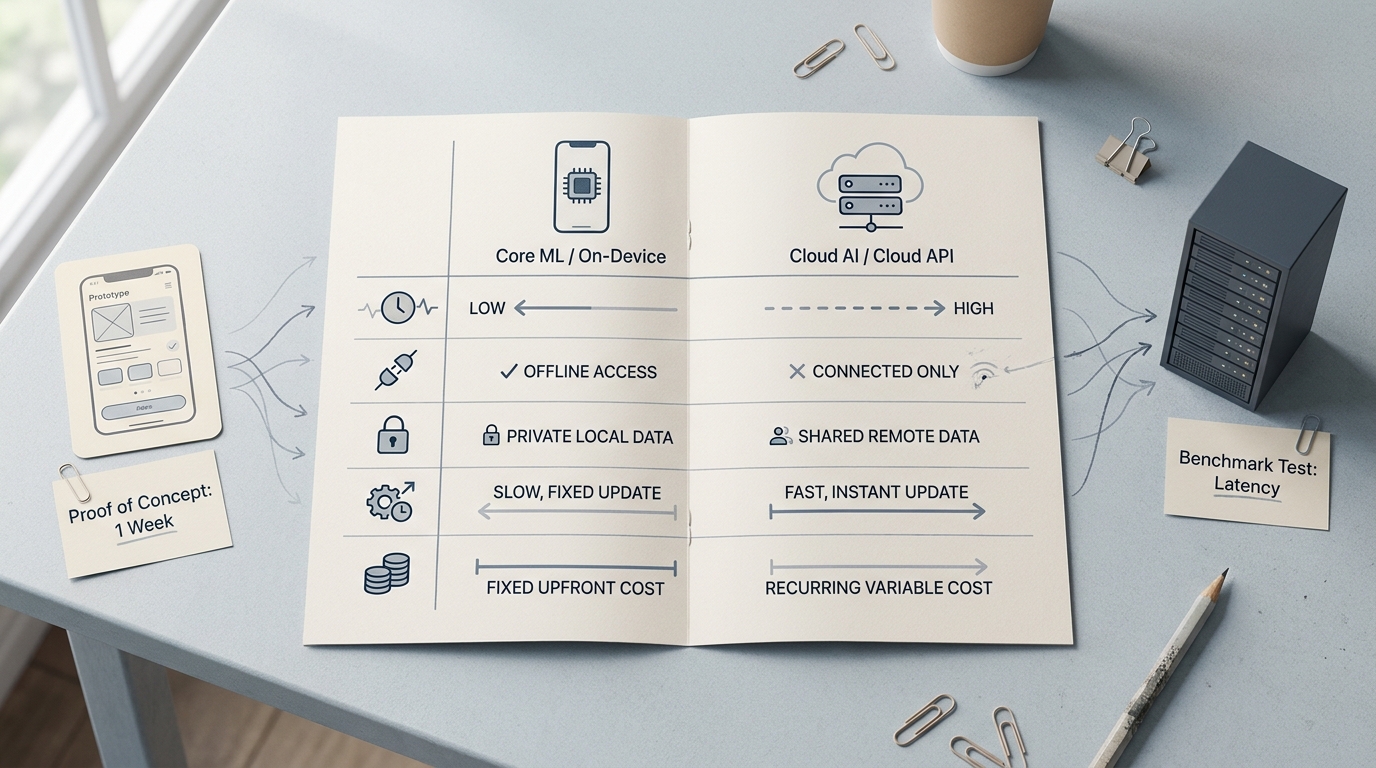 Comparison table showing Core ML versus Cloud AI for mobile apps across latency, offline support, privacy, update velocity, and operating cost.