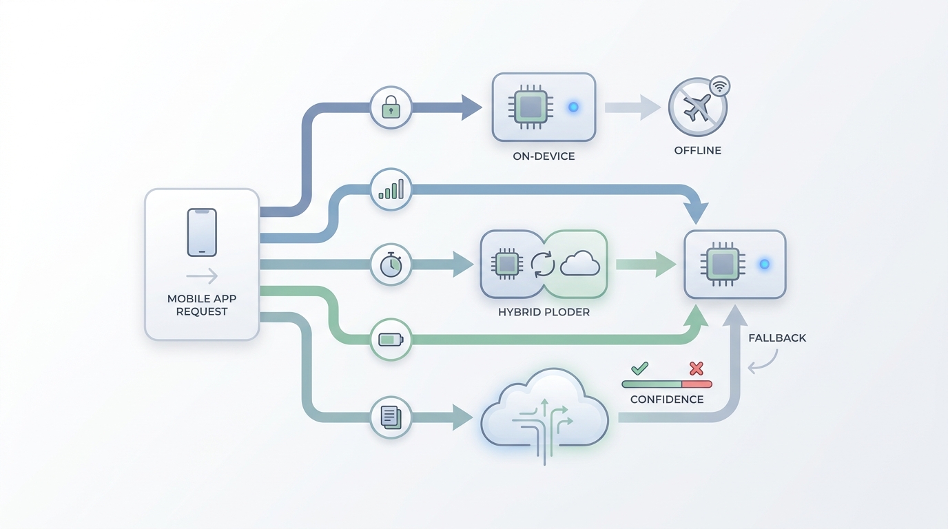 Decision flow diagram for routing mobile AI requests between Core ML on device and Cloud AI in the cloud.