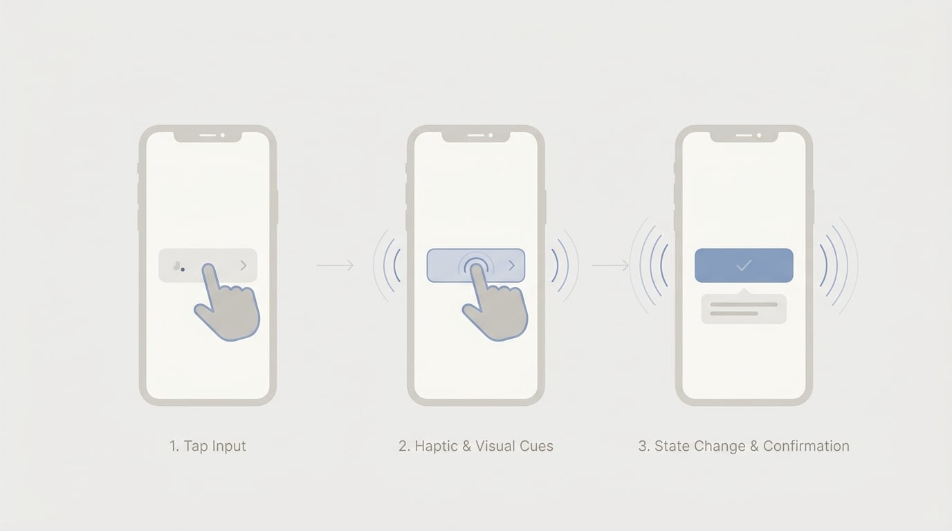 Diagram of an iPhone tap action confirmed by haptic feedback and a visible state change.