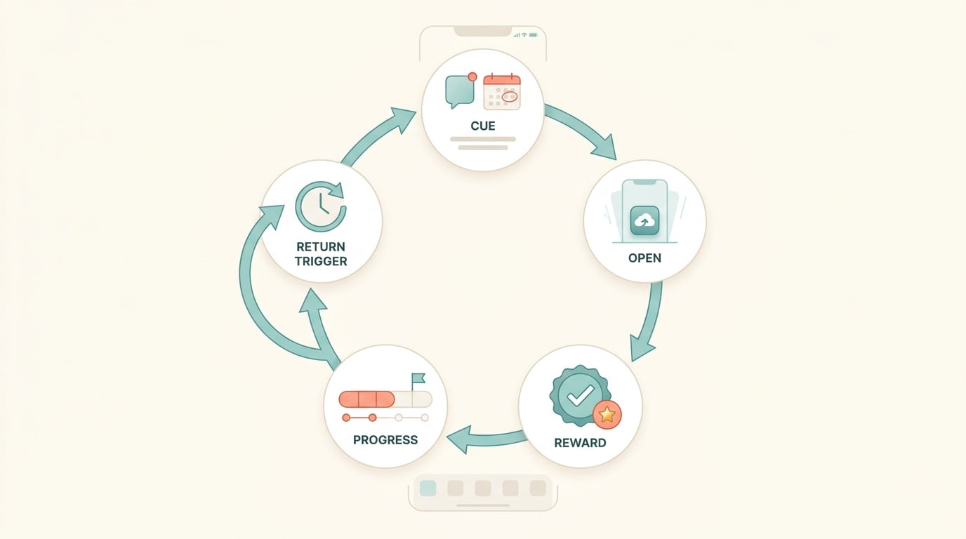 Process diagram of a habit loop in app design with cue, open, reward, progress, and return trigger. Process diagram of a habit loop in app design with cue, open, reward, progress, and return trigger.