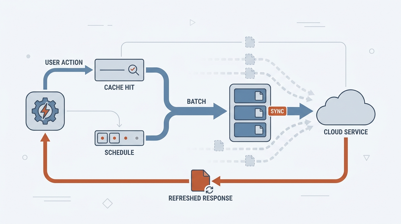 Process diagram of a mobile app workflow with cache, scheduled sync, batched API calls, and reduced device wakeups.