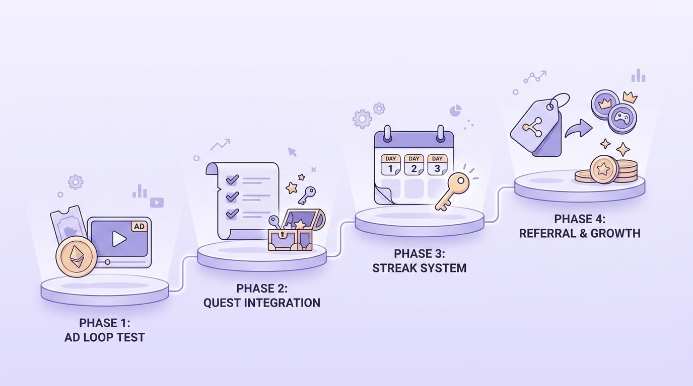 Timeline of reward model rollout for an indie mobile game, from ads to quests to streaks and referrals.